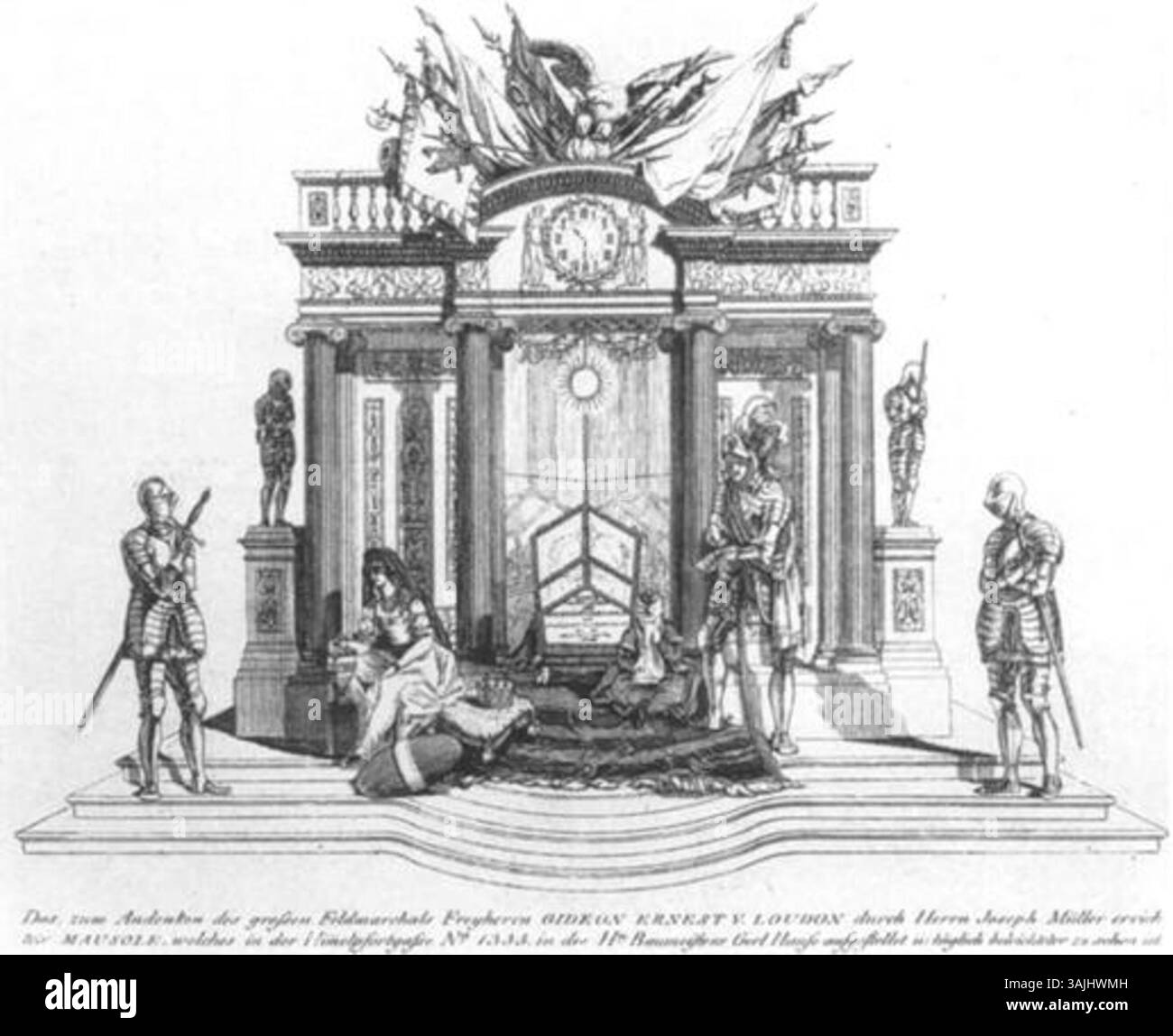 Das 1790 in Wien errichtete Mausoleum von Ernst Gideon von Laudon erinnert an den großen Feldmarschall. Die Wachskulpturen im Mausoleum wurden von Joseph von Deym errichtet und mit einer Widmung versehen, die Ort und Zweck der Gedenkstätte beschreibt. Es befindet sich in der Himmelpfortgasse und wird täglich beleuchtet. Stockfoto