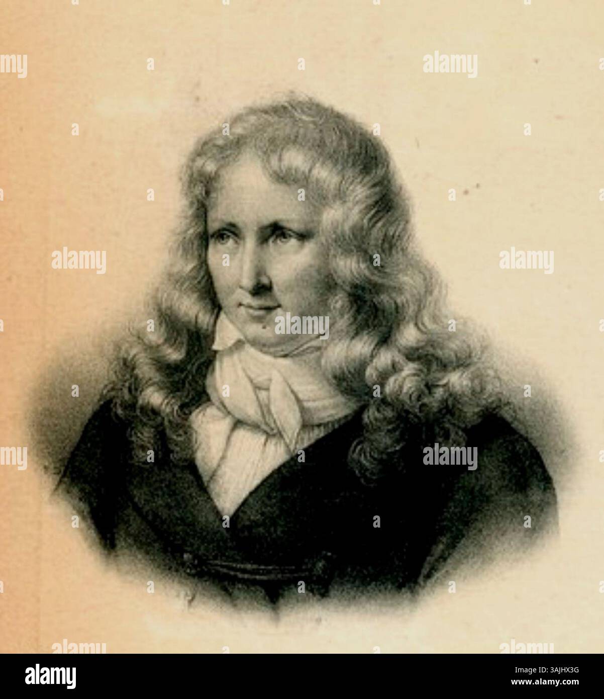 Ein Kupferstich von Jacques Henri Bernardin de Saint-Pierre, der den französischen Schriftsteller und Philosophen zeigt. Dieser 1795 entstandene Druck wurde als Teil eines Dokumentenordners verwendet und enthält detaillierte Notizen zu seinem Leben und Werk. Stockfoto