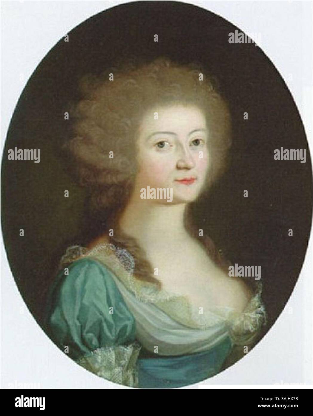 Porträt einer Frau, fälschlicherweise als Königin Caroline Mathilde von Dänemark identifiziert, gemalt in den 1780er Jahren Das Gemälde zeigt sie in einem blauen Kleid mit Spitzenkragen, das die Mode der Zeit widerspiegelt. Stockfoto