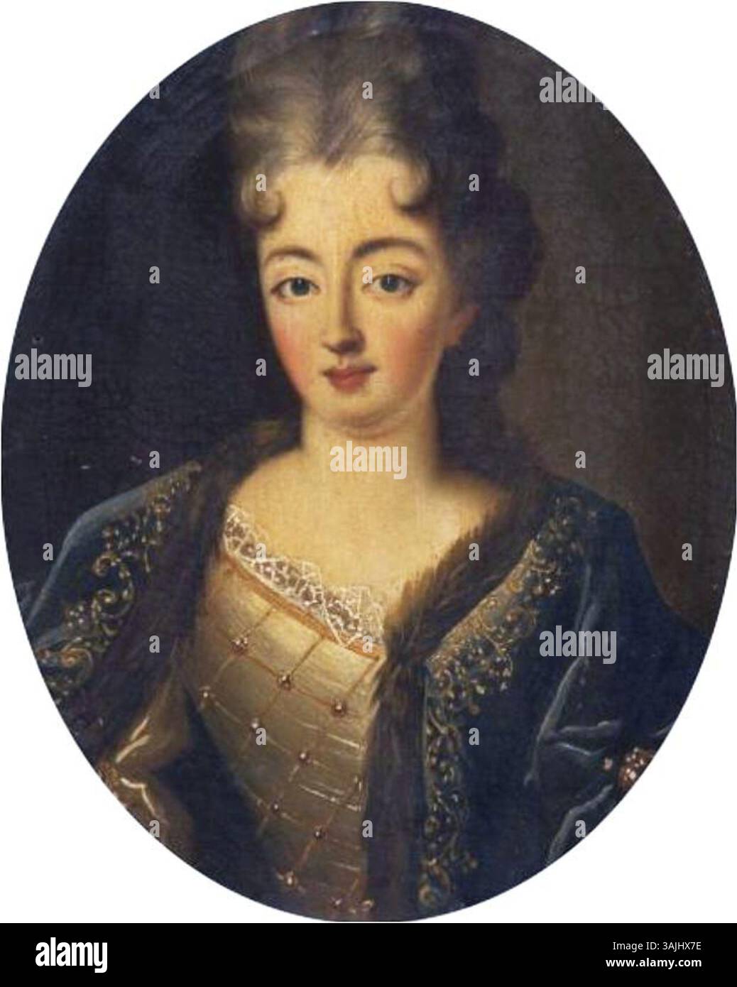 Dieses Porträt aus dem 17. Jahrhundert zeigt Marie-Anne de Bourbon, Prinzessin von Conti (1666–1739), Tochter von Ludwig XIV. Von Frankreich und Louise de La Vallière. Das Gemälde wird der französischen Schule nach Francois de Troy zugeschrieben und zeigt ihre königliche Kleidung und Eleganz. Stockfoto
