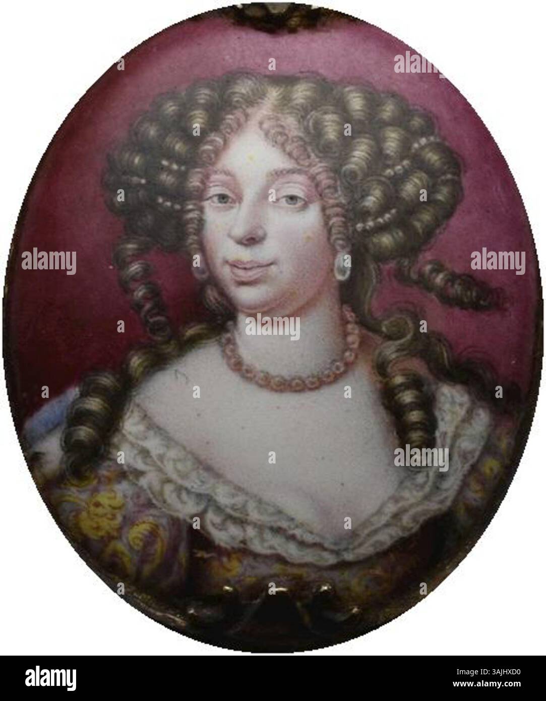 Miniaturporträt der Königin Charlotte Amalie von Dänemark (1650–1714), gemalt um 1670. Dieses Kunstwerk zeigt die Königin, die Ehefrau von König Christian V. von Dänemark, und zeigt ihren königlichen Status. Es ist Teil der Hessen Kassel Heritage Sammlung. Stockfoto