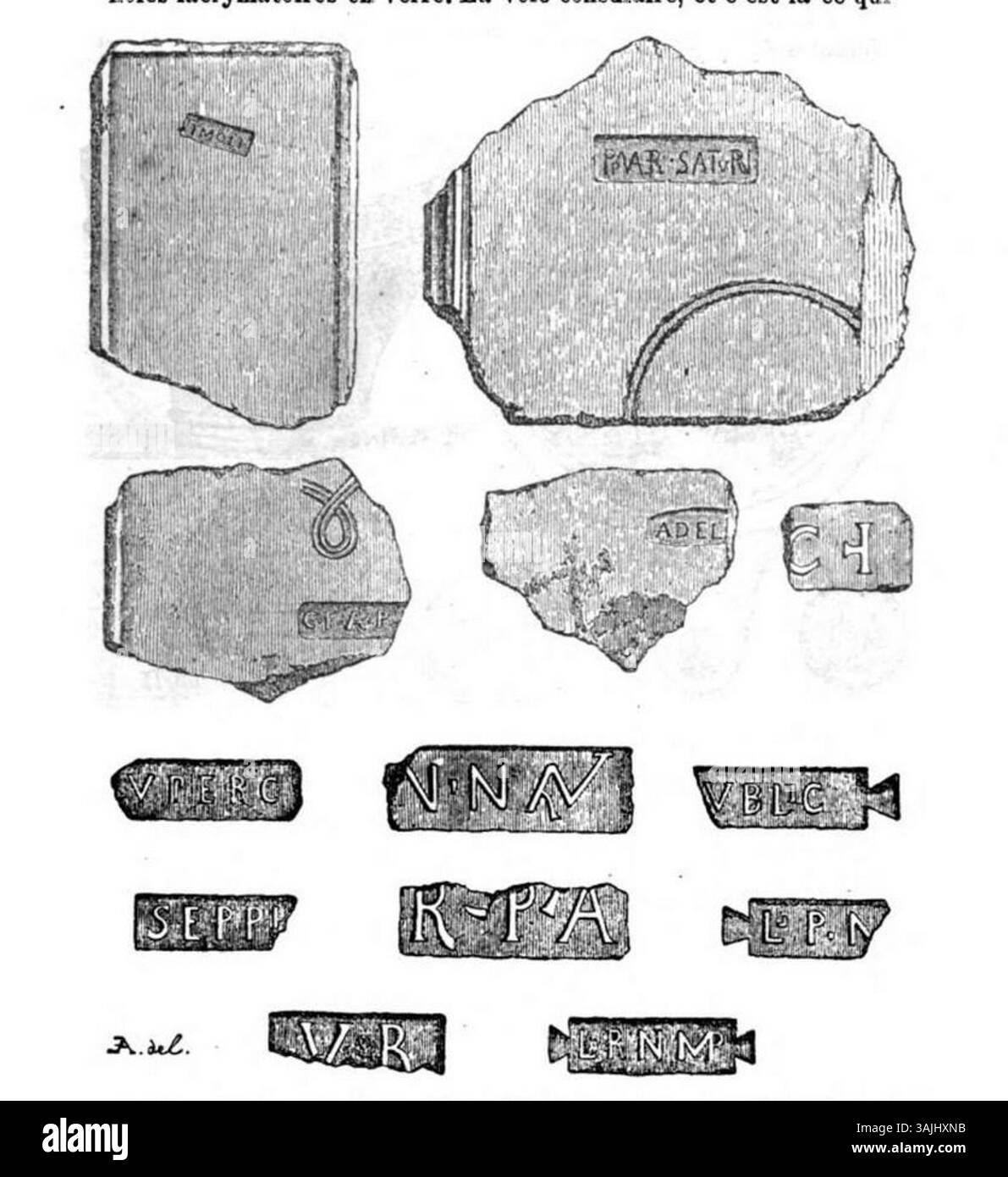 Dieser Stich von Edouard Aubert zeigt Herstellermarken aus der Sammlung Prieur Gal im Museum der Saint-Anselme Academy in Aosta, die die Ursprünge historischer Artefakte veranschaulichen. Stockfoto
