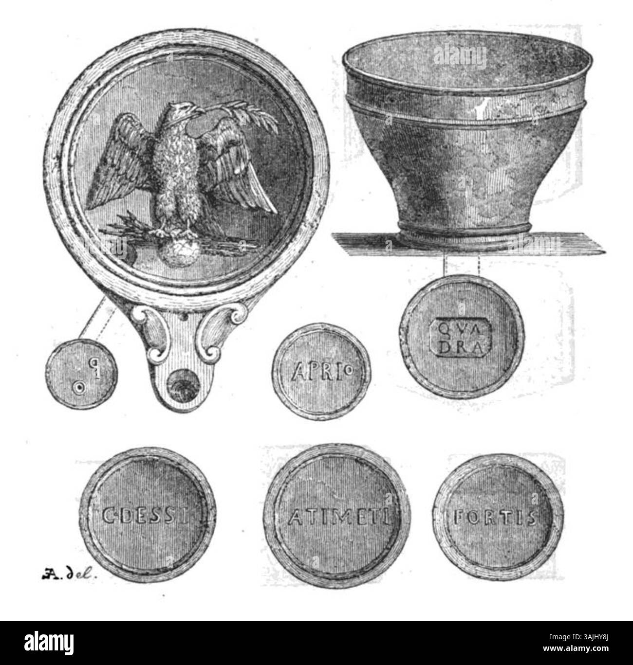 Dieser Stich von Edouard Aubert zeigt Grableuchten aus der Sammlung des Prieur Gal, die im Museum der Saint-Anselme Academy in Aosta untergebracht sind und historische Grabbeigaben zeigen. Stockfoto