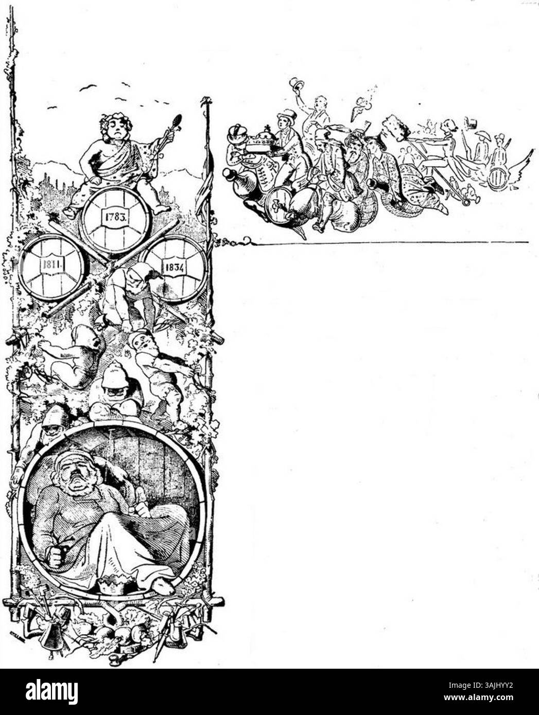 Eine detaillierte Illustration von Carl Hermann Schmolze aus Fliegende Blätter, Band 2, Ausgabe 25, Seite 6, vom 1846. Das Stück veranschaulicht die satirische und humorvolle Kunst, die Mitte der 1800er Jahre in deutschen Publikationen vorherrschte Stockfoto