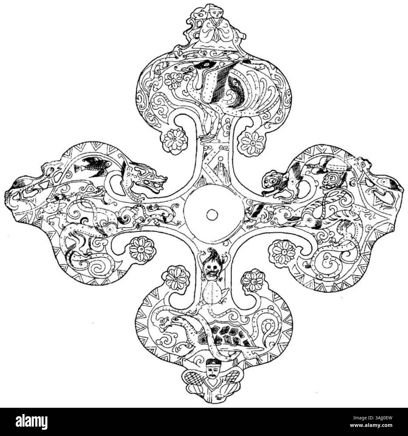 Eine Linienzeichnung eines kreuzförmigen vergoldeten Bronzekonornaments aus dem 1. Bis 3. Jahrhundert, entdeckt in Wushan County, Chongqing, in den 1980er Jahren Dieses Artefakt repräsentiert die künstlerischen und metallurgischen Praktiken des alten China. Stockfoto