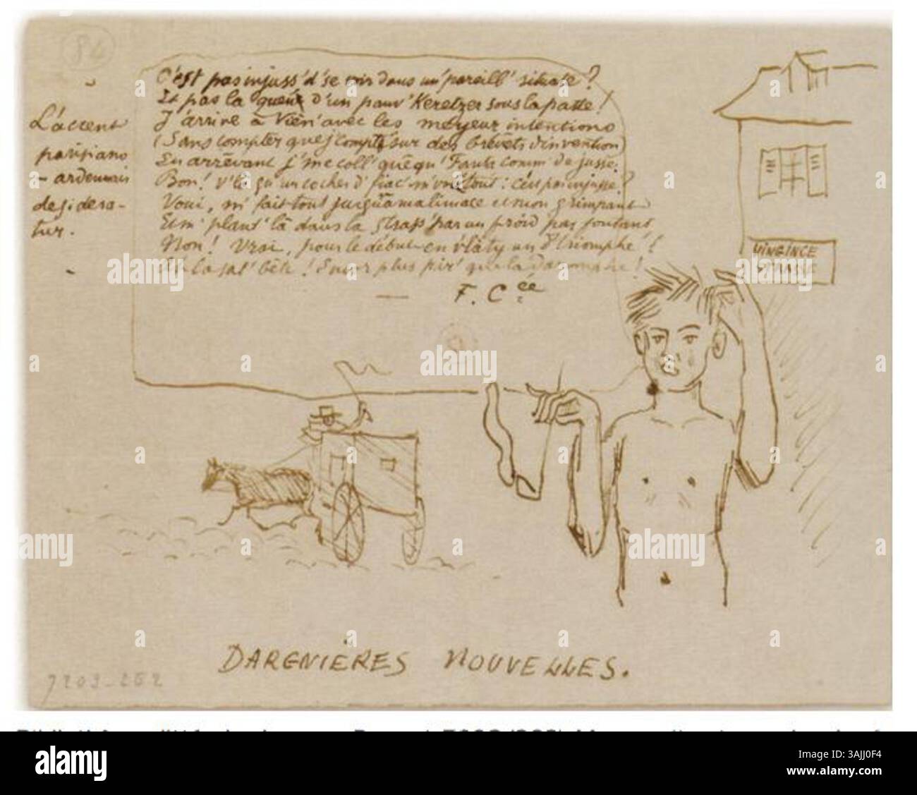 Diese Zeichnung von Paul Verlaine aus dem Jahr 1876 kritisiert auf humorvolle Weise Arthur Rimbaud, der angeblich in Wien gestrandet und mittellos war. Verlaines Brief, der die Zeichnung begleitet, verspottet Rimbauds Situation mit Ironie. Stockfoto
