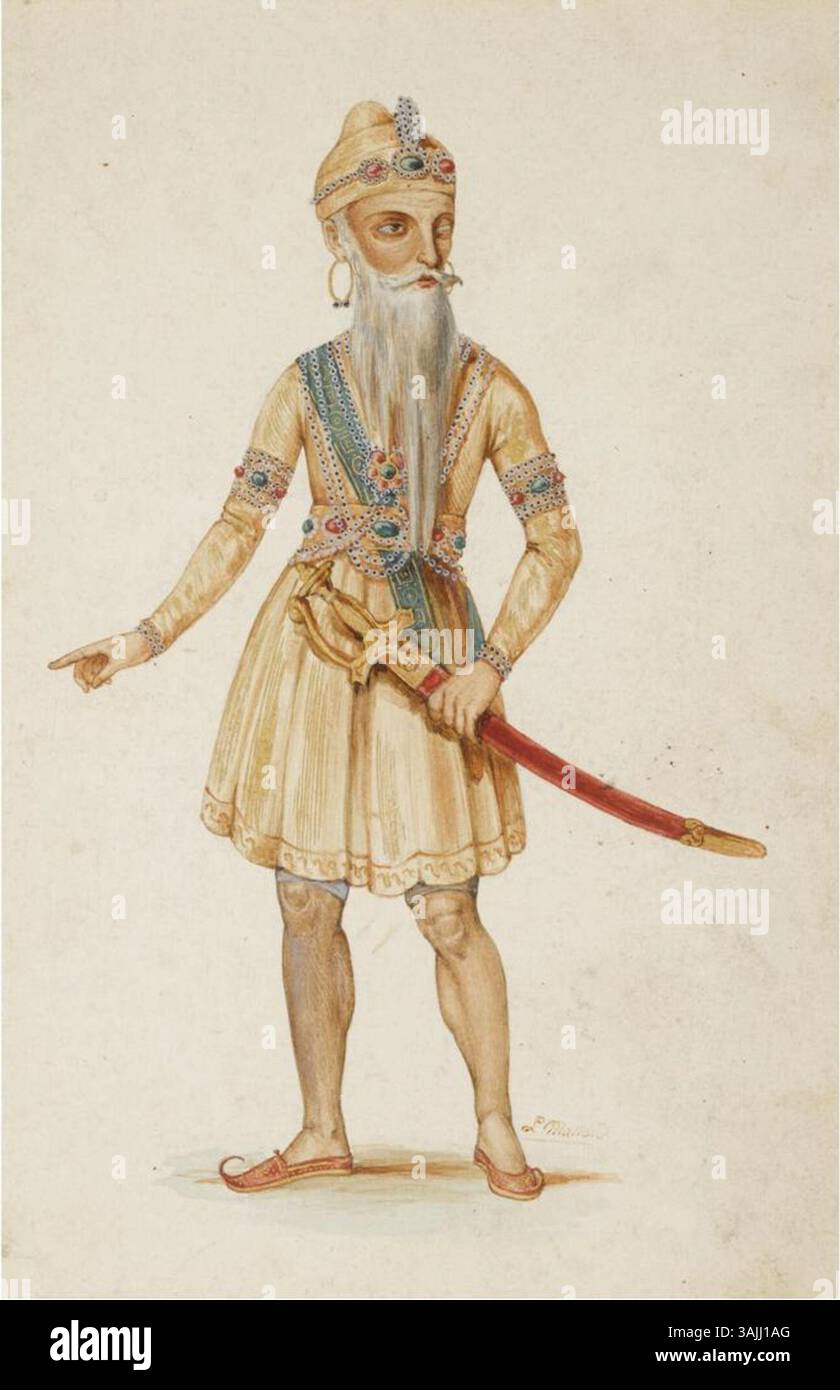 Dieses Aquarellporträt von Ranjît Singh, das 1839 von Léo Massard geschaffen wurde, zeigt den Maharaja des Punjab. Das Werk ist Teil der New England Estate Collection und spiegelt die Besonderheiten des Führers wider. Stockfoto