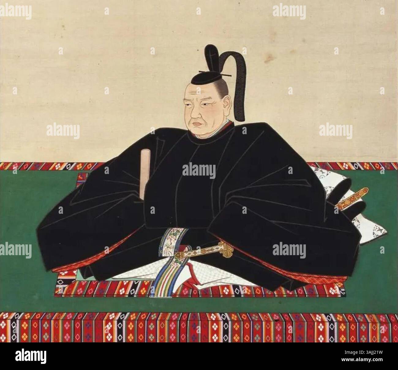 Dieses Kunstwerk zeigt ein nicht identifiziertes Individuum, vermutlich Tokugawa Ienari, ein prominenter Shogun aus der japanischen Edo-Zeit. Das Porträt hebt die formale Kleidung und die Führungsqualitäten der Tokugawa-Familie im 19. Jahrhundert hervor. Stockfoto