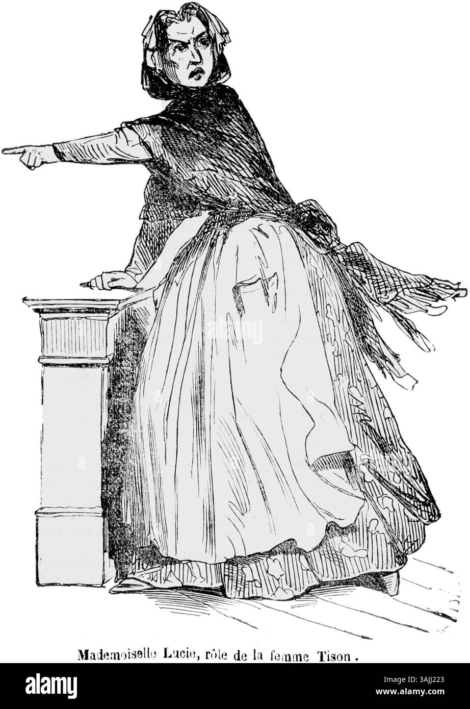 Lucie Mabire, eine französische Schauspielerin, wird in der Rolle des Tison in *Le Chevalier de Maison-Rouge*, einem Drama von Alexandre Dumas, gezeigt. Diese 1869 veröffentlichte Ätzung zeigt sie als Charakter und veranschaulicht einen historischen Moment aus dem Stück. Stockfoto