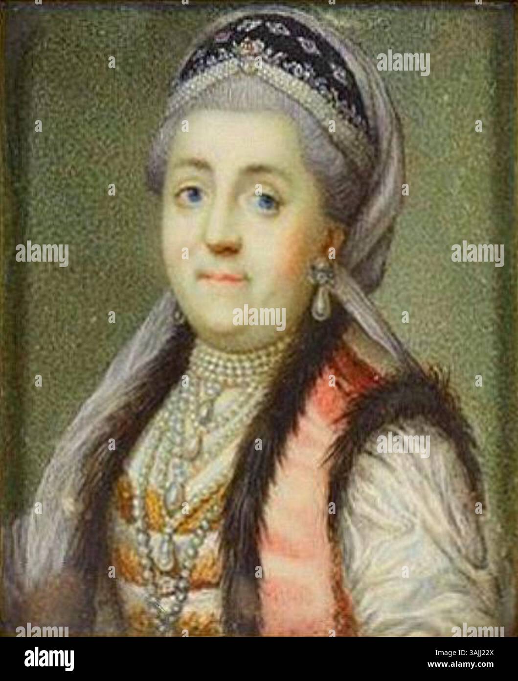 Dieses Miniaturporträt, das nach Vigilius Eriksen gemalt wurde, zeigt Katharina II. Von Russland und hebt ihr Gleichnis als Kaiserin hervor, das 1772 geschaffen wurde. Das Gemälde veranschaulicht russische Porträts und Miniaturkunst. Stockfoto