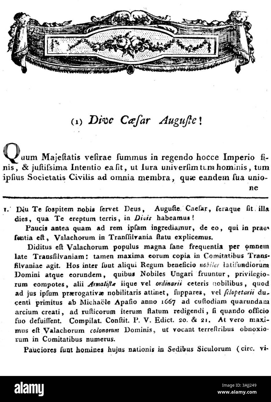 Eröffnungszeilen des "Supplex Libellus Valachorum", eines rumänischen siebenbürgischen politischen Manifests, das 1791 in lateinischer Sprache veröffentlicht wurde. Das Manifest spielte eine bedeutende Rolle im politischen Diskurs Transsilvanien zu dieser Zeit. Stockfoto