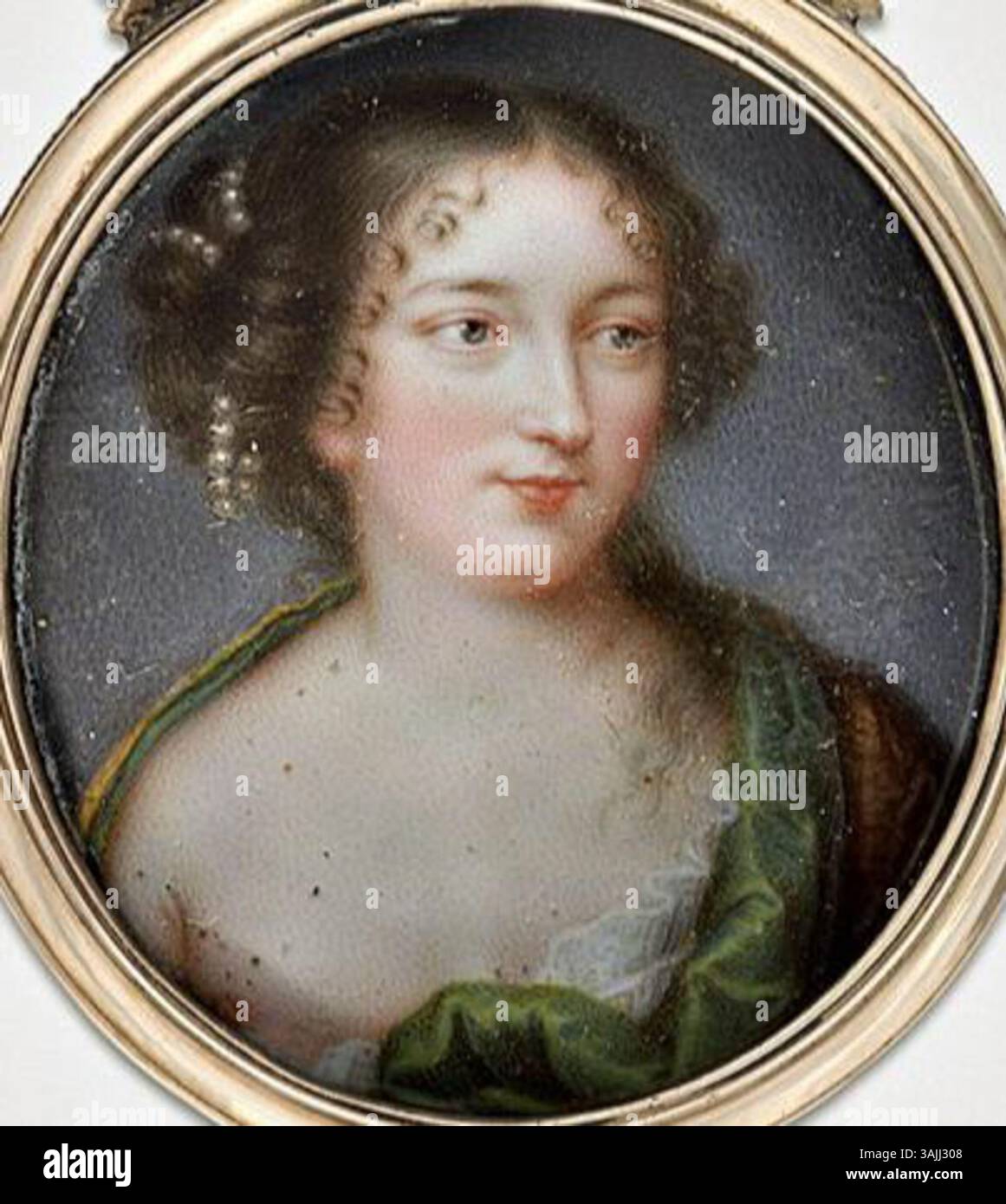 Diese Miniatur aus dem 17. Jahrhundert auf Emaille wird Jean Petitot zugeschrieben und zeigt Antoinette du Ligier de la Garde Deshoulières, einen französischen Dichter. Das vermutete Porträt zeigt sie in zarten Details und spiegelt den Stil von Petitot wider, der für seine Miniaturwerke bekannt ist. Stockfoto