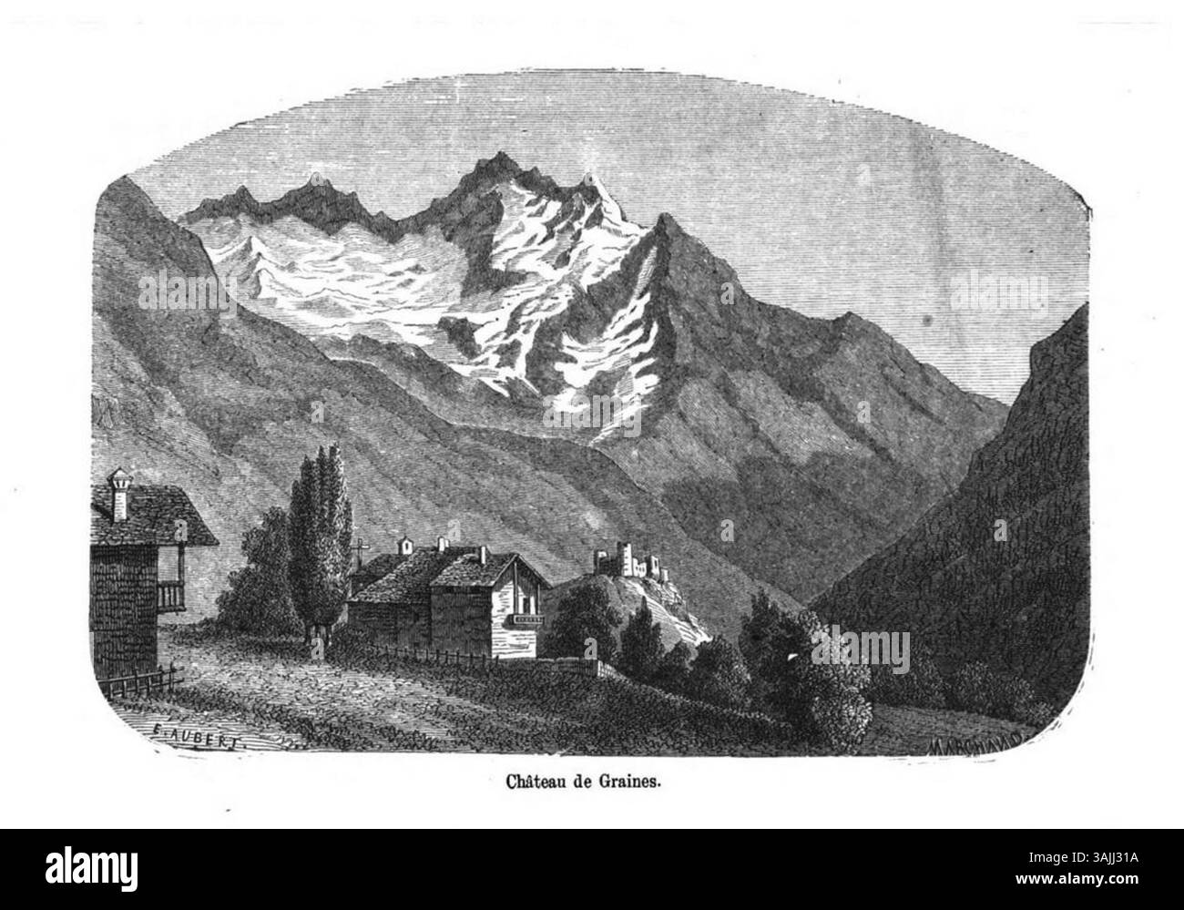 Dieser Stich von Edouard Aubert (1814–1888), der vor 1877 hergestellt wurde, zeigt die Château de Graines und zeigt ihre historische Struktur und Umgebung mit detaillierten Linien und Schattierungen, die für Auberts Stilstil typisch sind. Stockfoto