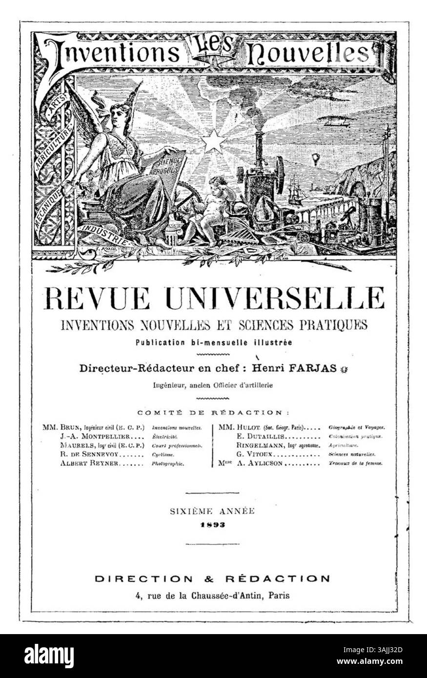 Auf der Titelseite der „Revue universelle des inventions nouvelles“ aus dem Jahr 1893 finden Sie zahlreiche technologische Innovationen. Sie spiegelt die industrielle Revolution des 19. Jahrhunderts und den Aufstieg neuer Erfindungen wider. Stockfoto