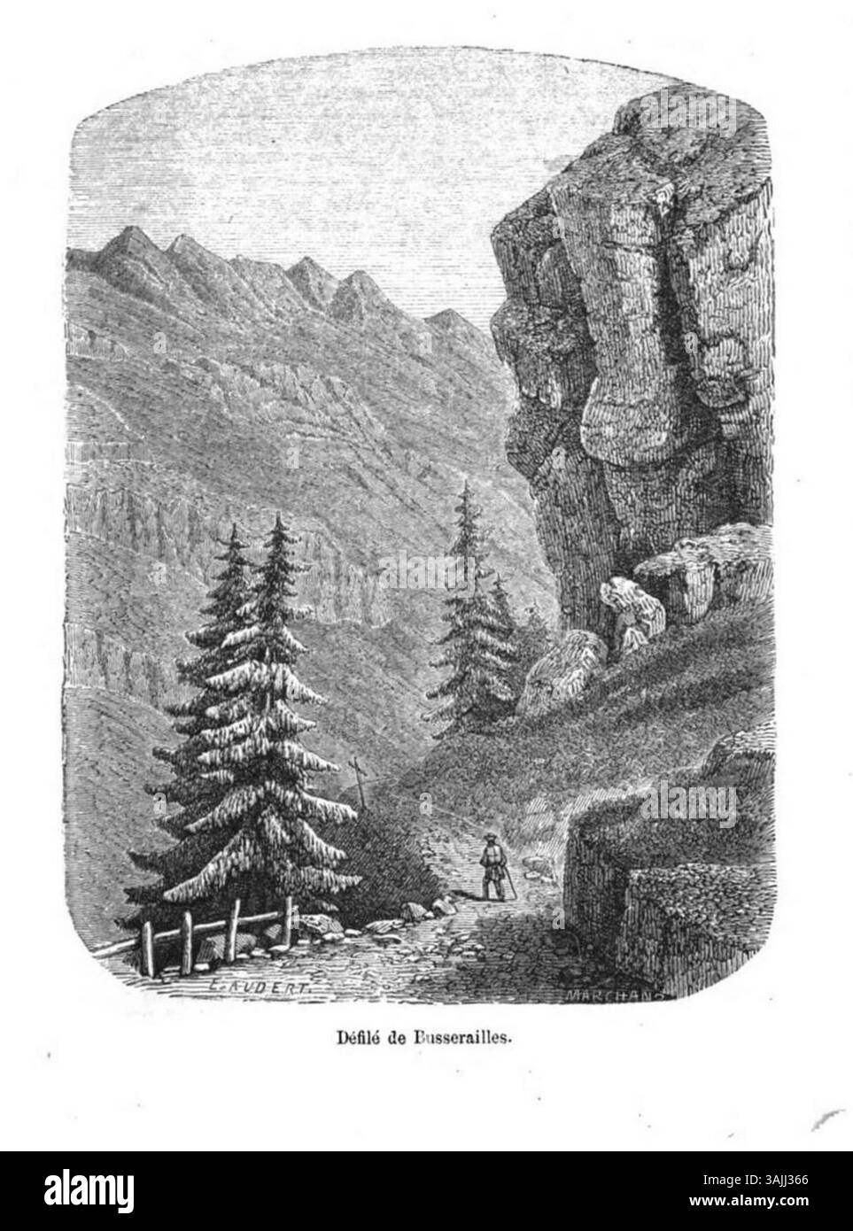 Edouard Auberts Gravur fängt die Schlucht von Bouserailles ein und veranschaulicht die dramatische Landschaft mit steilen Klippen und engen Durchgängen. Die Arbeiten, die vor 1877 erstellt wurden, zeigen die mächtigen natürlichen Kräfte, die die Topographie der Region prägen. Stockfoto