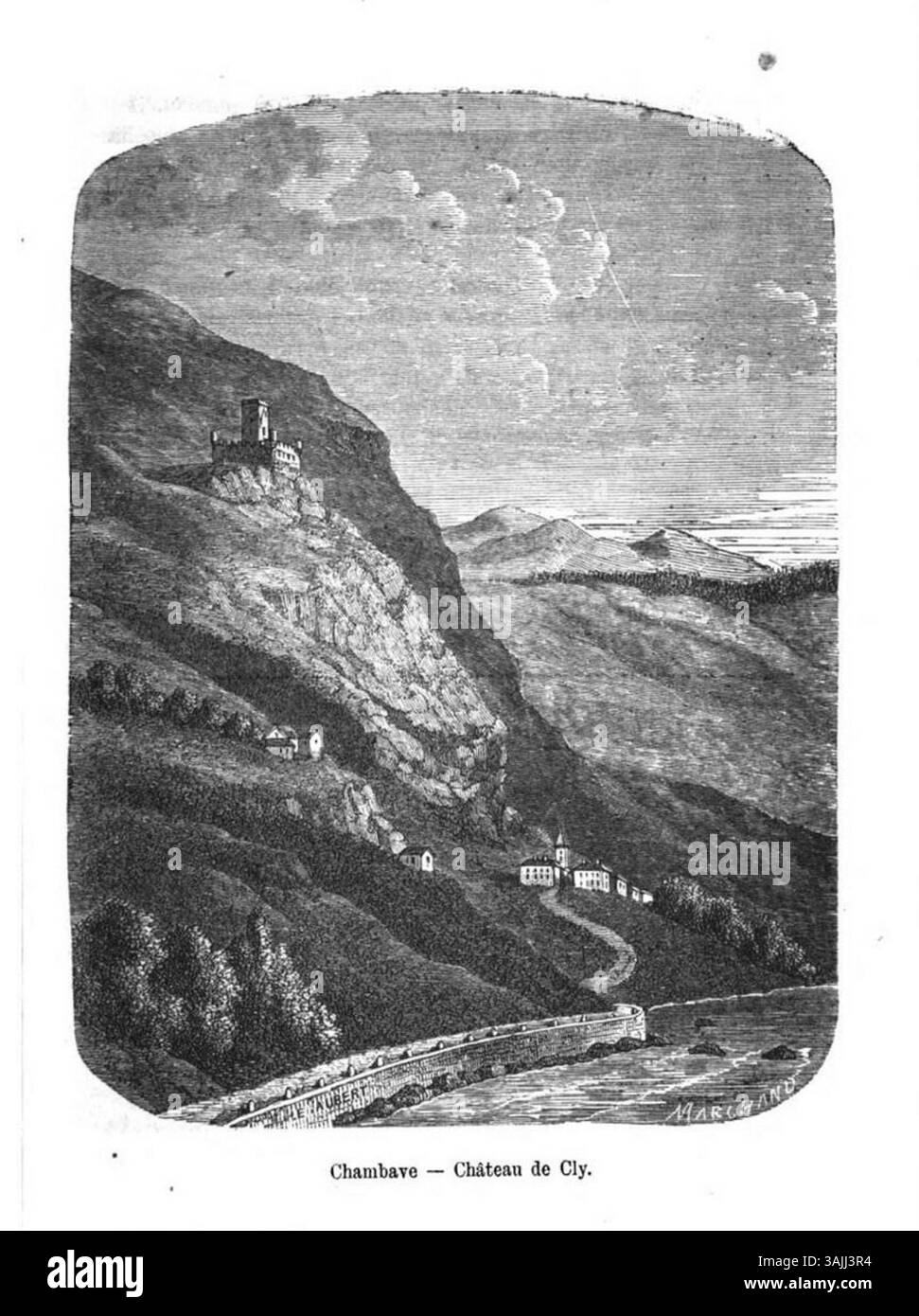 Dieser Stich von Edouard Aubert (1814–1888), der vor 1877 geschaffen wurde, zeigt die Château de Cly und zeigt ihre architektonischen Merkmale im frühen 19. Jahrhundert. Das Kunstwerk spiegelt Auberts Interesse an der Erfassung historischer Gebäude durch detaillierte Gravuren wider. Stockfoto