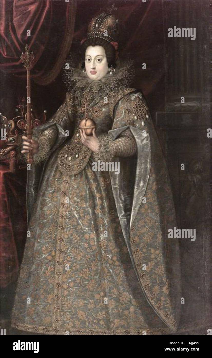 Abendfüllendes Porträt der Kaiserin Anna von Tirol, gemalt von Jeremias Günther im Jahre 1613, in ihrem Krönungskleid. Das Porträt zeigt Anna von Tirol mit Krönungsinsignien und Symbolen ihres königlichen Status, darunter eine Krone und ein verziertes Kleid. Stockfoto