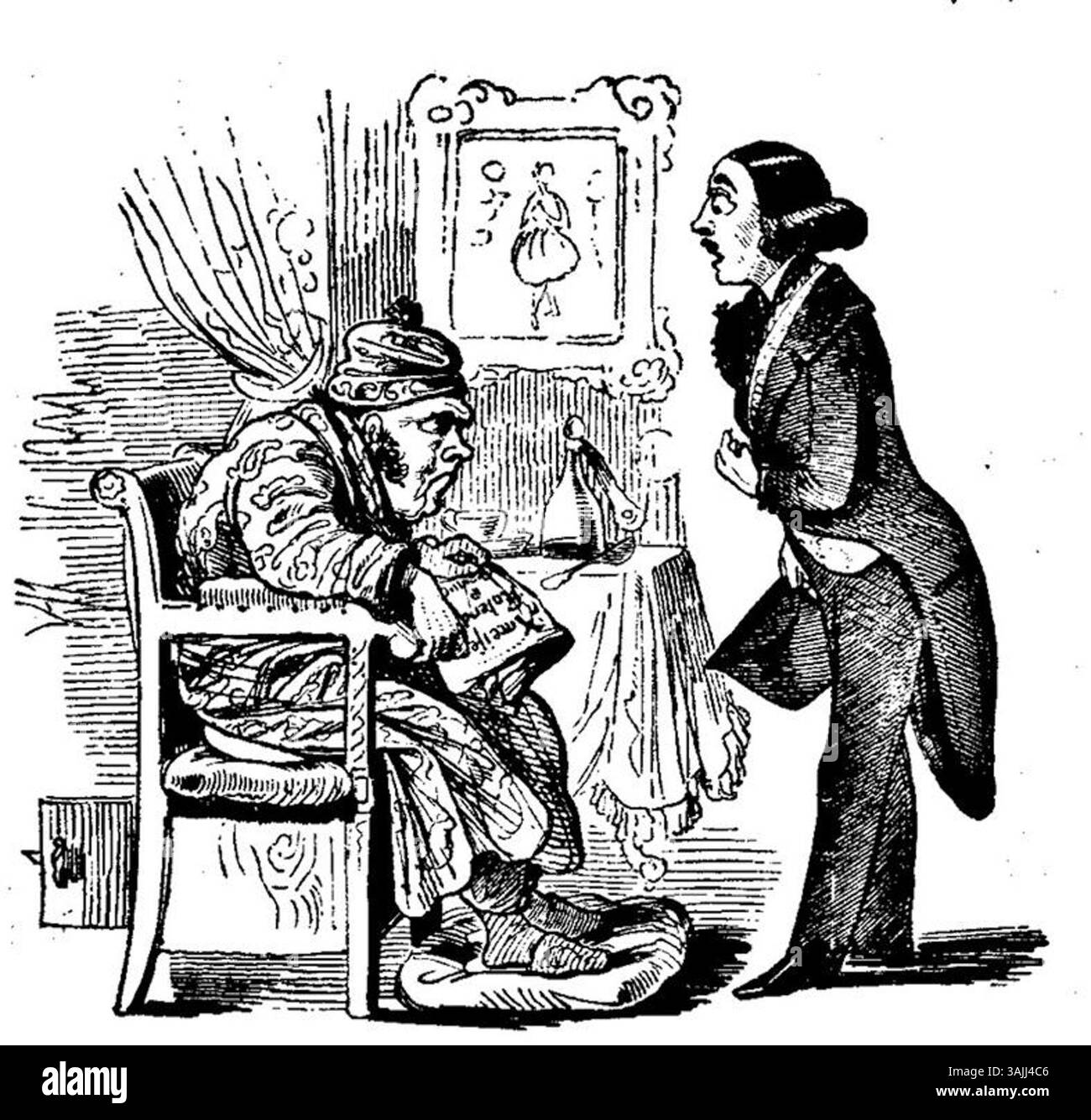 Diese Illustration aus Fliegende Blätter, Band 2, Ausgabe 35, aus dem Jahr 1846, fängt eine satirische oder humorvolle Szene ein, die für den Inhalt der Publikation in der Mitte des 19. Jahrhunderts typisch ist und soziale Kommentare durch bildende Kunst reflektiert. Stockfoto