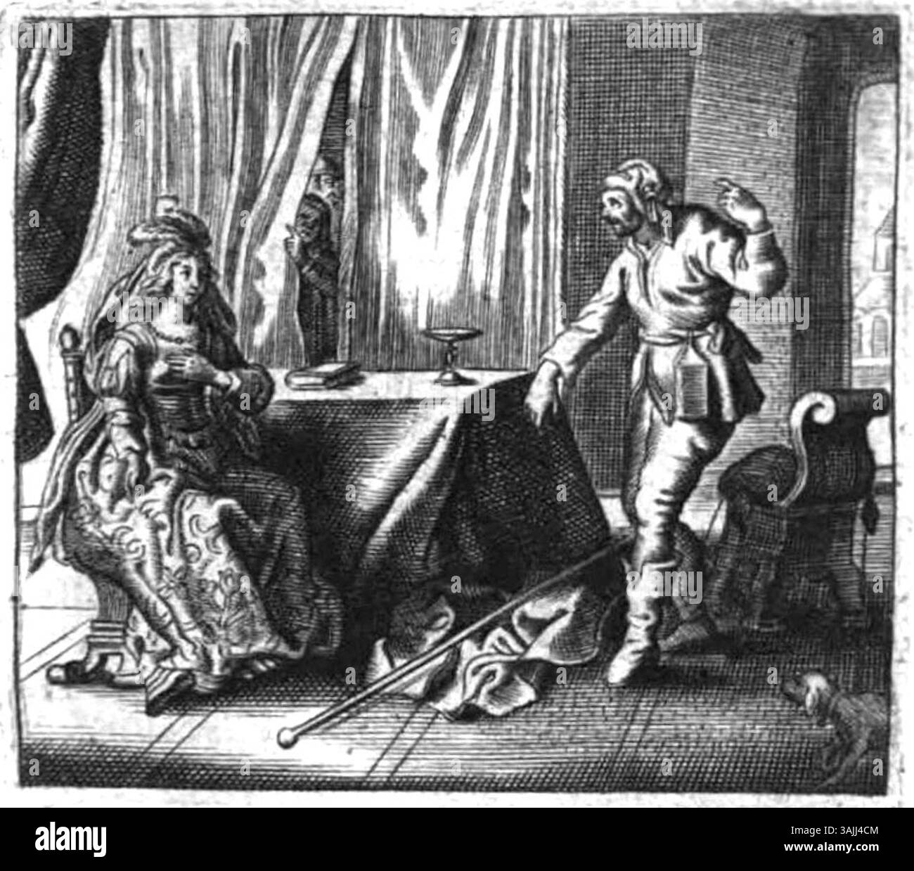 Kupferstich aus dem Jahr 1645 mit den griechischen Philosophen Hipparchia von Maroneia und Kisten von Theben. In dieser Szene versucht Kistles humorvoll Hipparchia von ihrer Zuneigung abzuhalten, indem sie auf sein unattraktives Aussehen hinweist, während ihre Eltern beobachten. Stockfoto