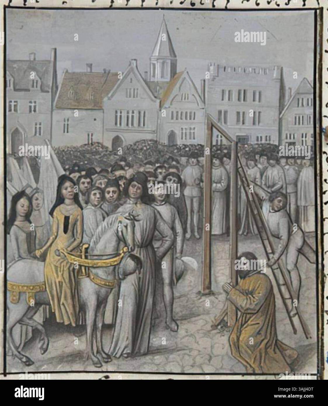 Diese Illustration zeigt die Hinrichtung von Guillaume Hugonet, einer historischen Figur, die in Frau 659 dargestellt ist. Das Kunstwerk aus dem 15. Jahrhundert zeigt das mittelalterliche Ereignis in einer detaillierten und dramatischen Szene. Stockfoto
