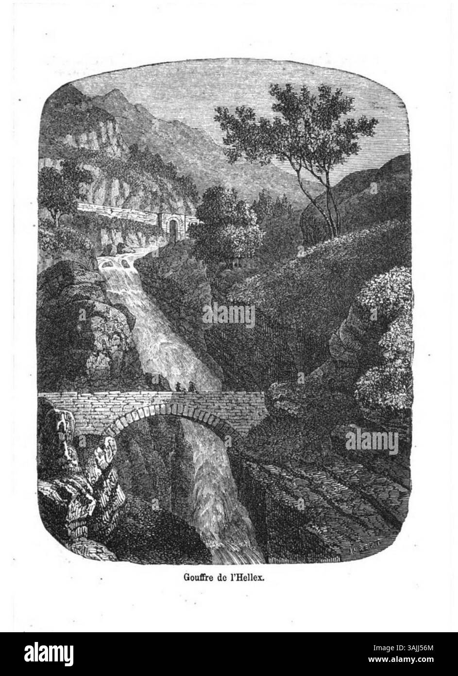 Edouard Auberts Gravur zeigt die Hellex-Schlucht bei Guillemore und zeigt die dramatische geologische Formation mit tiefen Schluchten und steilen Klippen. Die Arbeit hebt das raue Gelände und die mächtigen Naturkräfte hervor, die die Landschaft prägen. Stockfoto