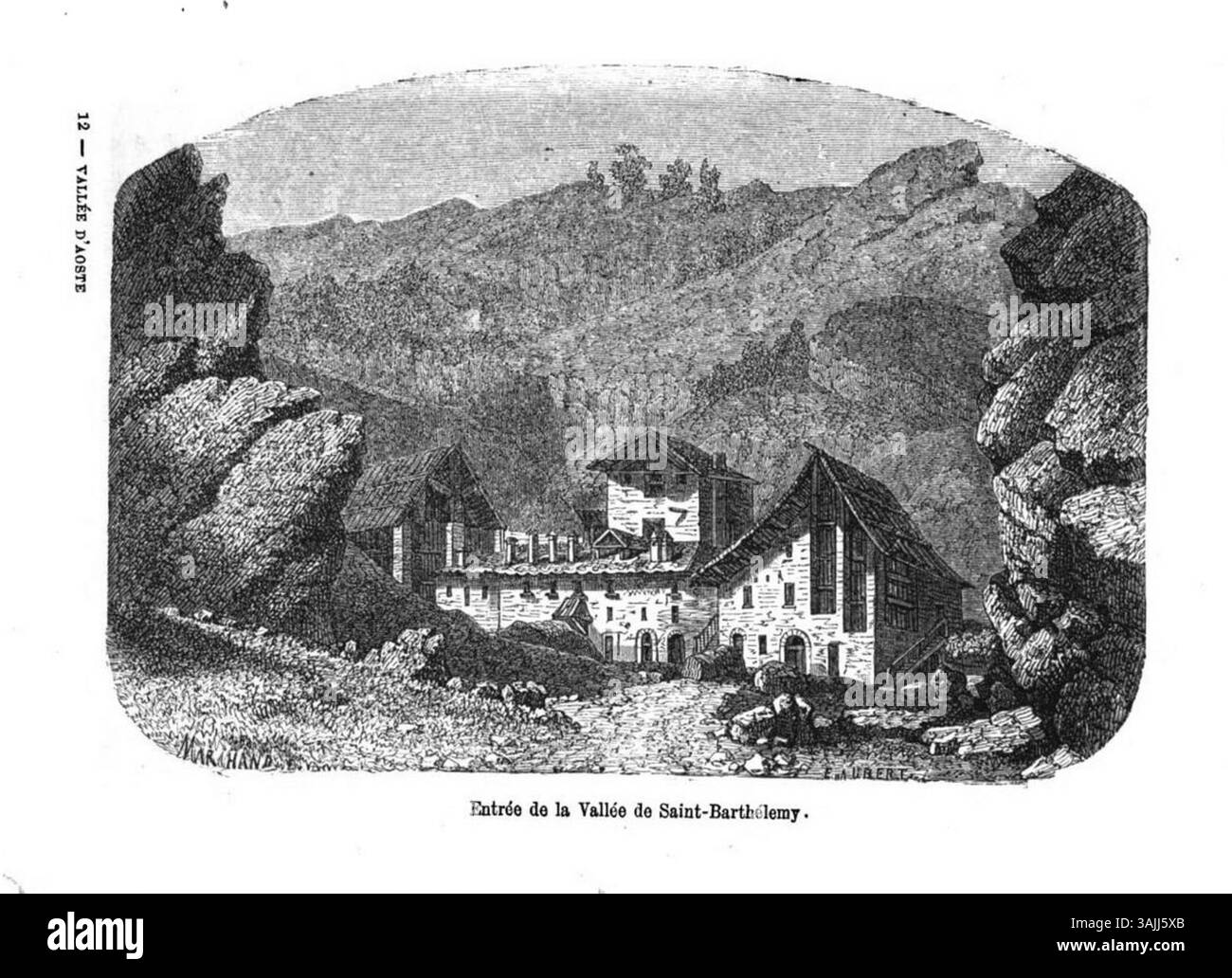 Edouard Auberts Stich zeigt den Eingang zum Saint-Barthelemy-Tal. Die Arbeiten, die vor 1877 datiert wurden, zeigen eine detaillierte Landschaft des Tales, die die umgebende Topographie und natürliche Elemente betont. Das Bild repräsentiert die landschaftliche Schönheit der Region mit klarer Präzision. Stockfoto