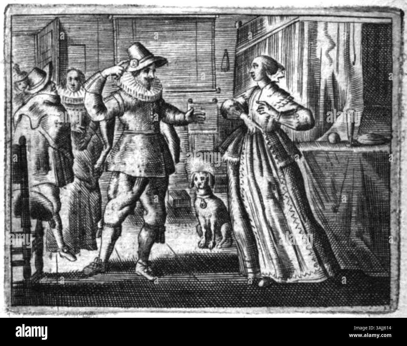 Ein Kupferstich aus dem Jahr 1646 mit den griechischen Philosophen Hipparchia und Kisten aus dem Buch *Proefsteen van de Trou-ringh*. Die Szene zeigt humorvoll Kisten, die versuchen, Hipparchias Zuneigung abzuschrecken, während ihre Eltern in den Hintergrund schauen. Stockfoto