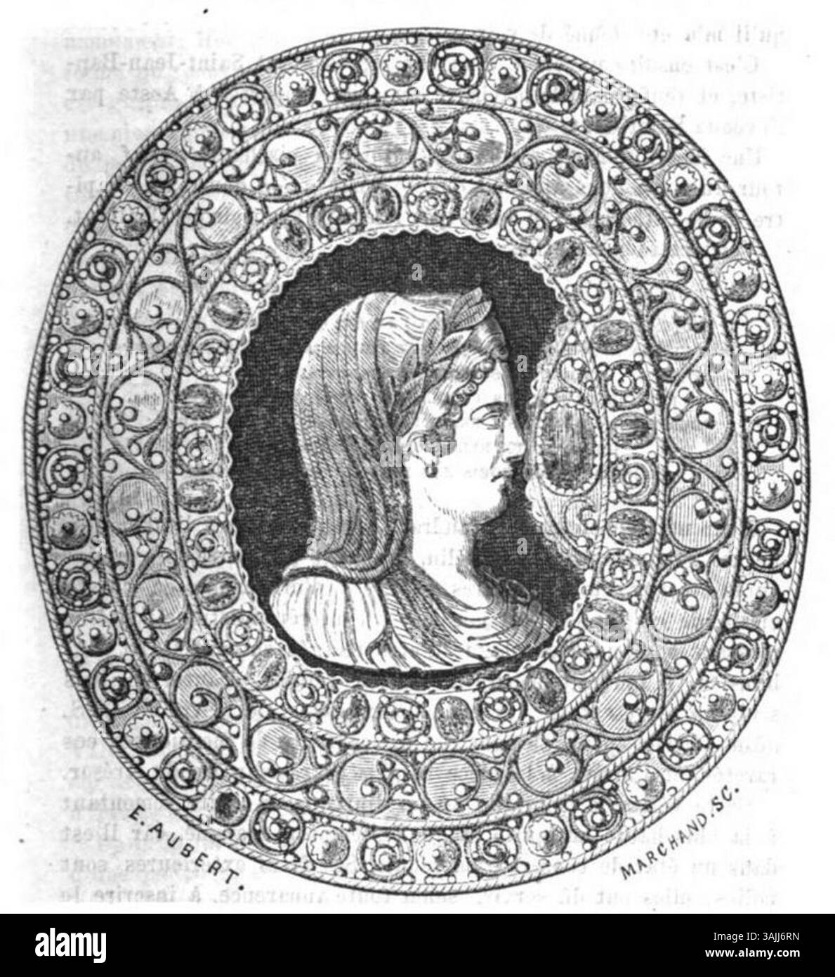 Ätzung von Edouard Aubert (1814-1888), die ein altes Kameo aus dem Schatz der Aosta-Kathedrale darstellt und das historische Artefakt vor 1877 zeigt. Stockfoto
