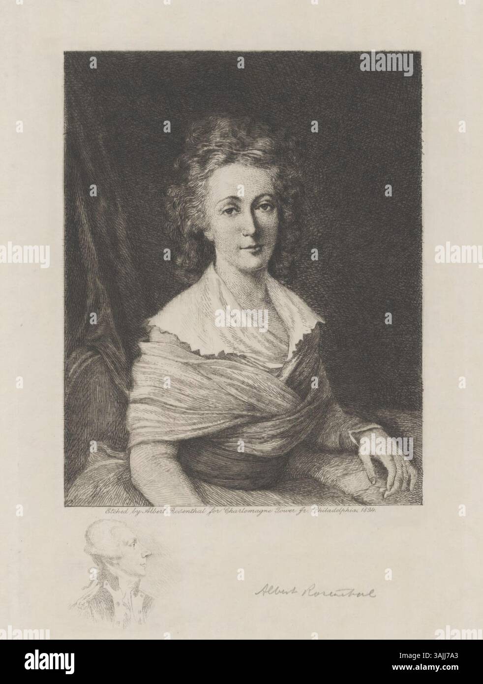 In dieser Gravur von Albert Rosenthal aus dem Jahr 1894 ist Marie Adrienne de Noailles, Marquise de Lafayette, dargestellt. Der Druck fängt das Wesen ihrer aristokratischen Eleganz aus dem 18. Jahrhundert ein und ist Teil einer Sammlung an französische historische Persönlichkeiten. Stockfoto