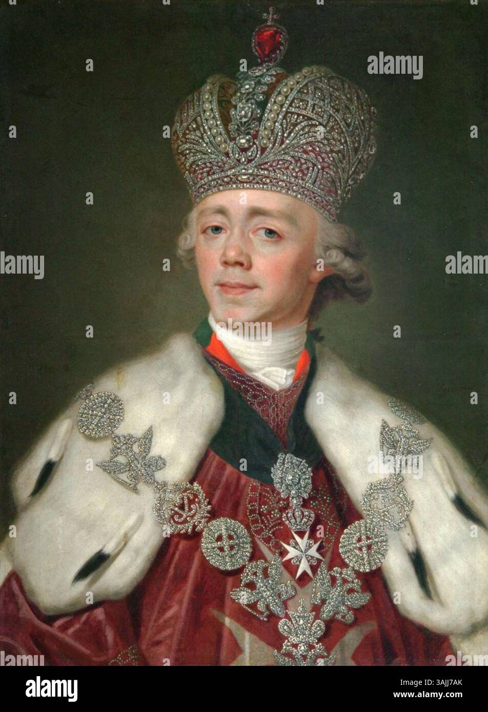 Dieses Porträt von Wladimir Borovikowski aus dem Jahr 1800 zeigt Kaiser Paul I. von Russland und fängt die feierliche und kaiserliche Präsenz des russischen Herrschers ein. Stockfoto