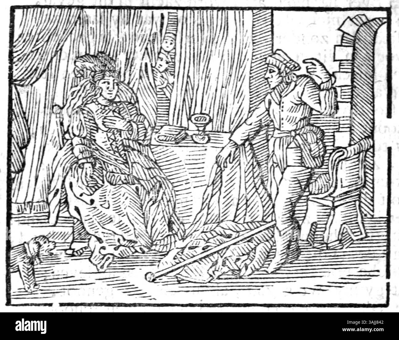 Kupferstich aus dem Jahr 1730 mit der Darstellung der griechischen Philosophen Hipparchia und Kisten, von *Proefsteen van de Trou-ringh*. Das Bild zeigt humorvoll Kisten, die auf seine Unattraktivität hinweisen, Hipparchias Liebe zu ihm abzuschrecken, während ihre Eltern heimlich zusehen. Stockfoto