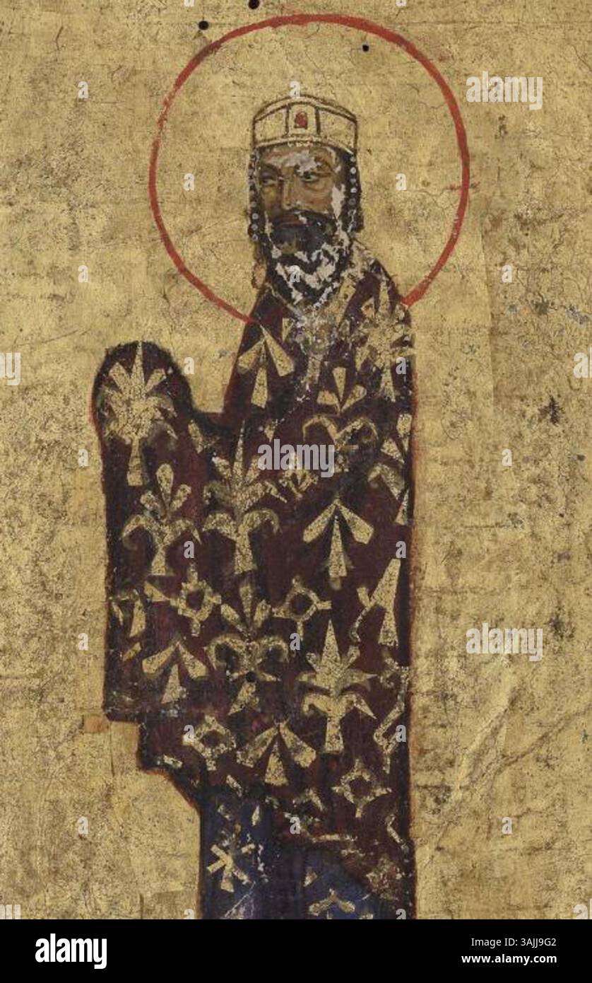 Dieses griechische Manuskriptbild Alexios I. aus dem 12. Jahrhundert repräsentiert den byzantinischen Kaiser und zeigt den künstlerischen Stil der Zeit mit seiner lebendigen Ikonographie und religiösen Symbolismus. Stockfoto