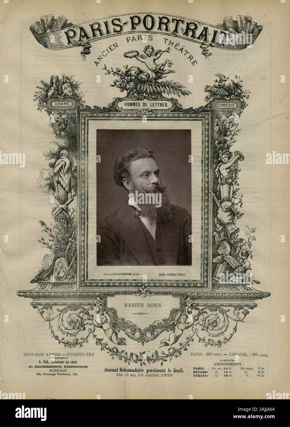 Eine Fotografie von Pierre Petit, um 1879, von Marius Roux, einem französischen Schriftsteller, der in der Serie Paris-Portrait zu sehen ist. Dieses Porträt zeigt Roux’ Beiträge zur französischen Literatur im späten 19. Jahrhundert. Stockfoto