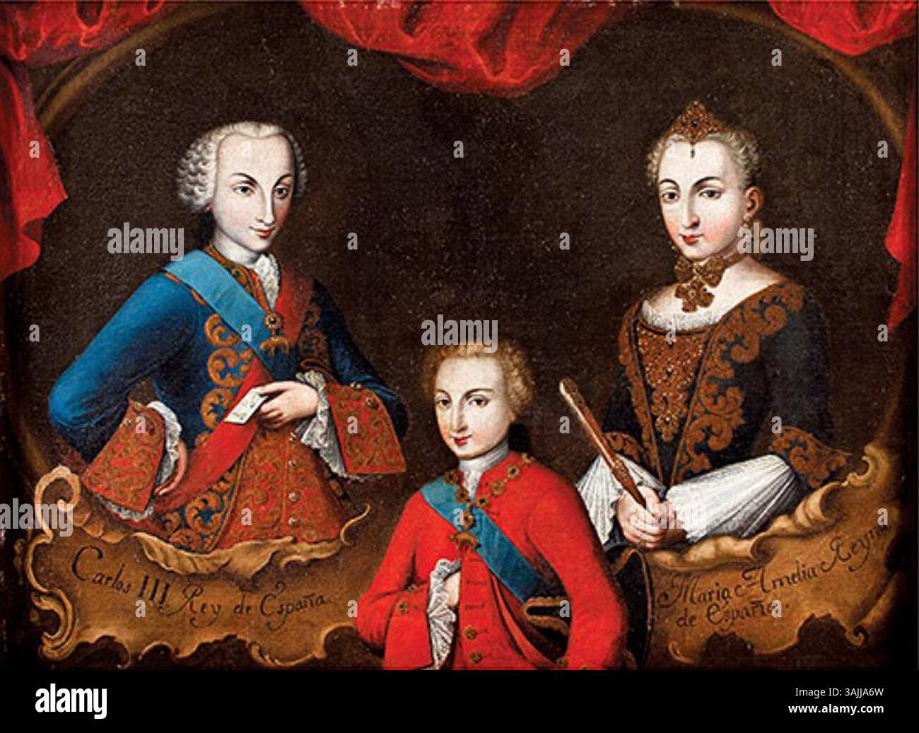 Dieses Gemälde von 1760 zeigt König Karl III. Von Spanien (1716–1788), seine Frau Maria Amalia von Sachsen (1724–1760) und ihren Sohn Karl IV. Von Spanien (1748–1819). Das Werk, dem traditionellen mexikanischen casta-Gemälde folgend, zeigt die königliche Familie mit Inschriften, die ihr edles Erbe hervorheben. Stockfoto