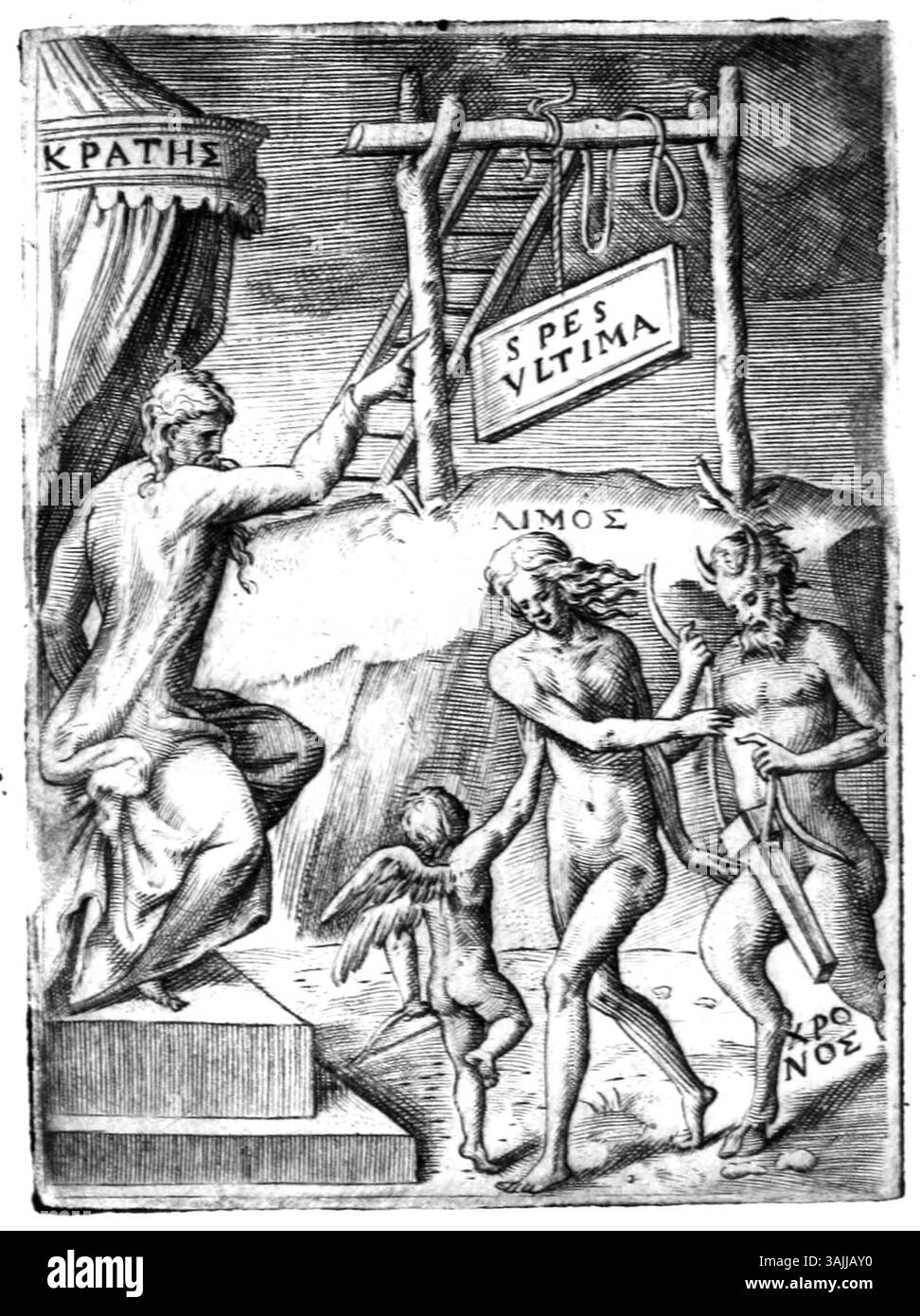 Platte XIII aus *Symbolicarum Quaestionum* von Achillis Bocchi, illustriert von Giulio Bonasone im Jahr 1574. Es zeigt eine satirische Darstellung von Eros, Hunger und Zeit, die die Idee symbolisiert, dass Hunger, Zeit oder Hängen die Liebe stoppen können. Stockfoto