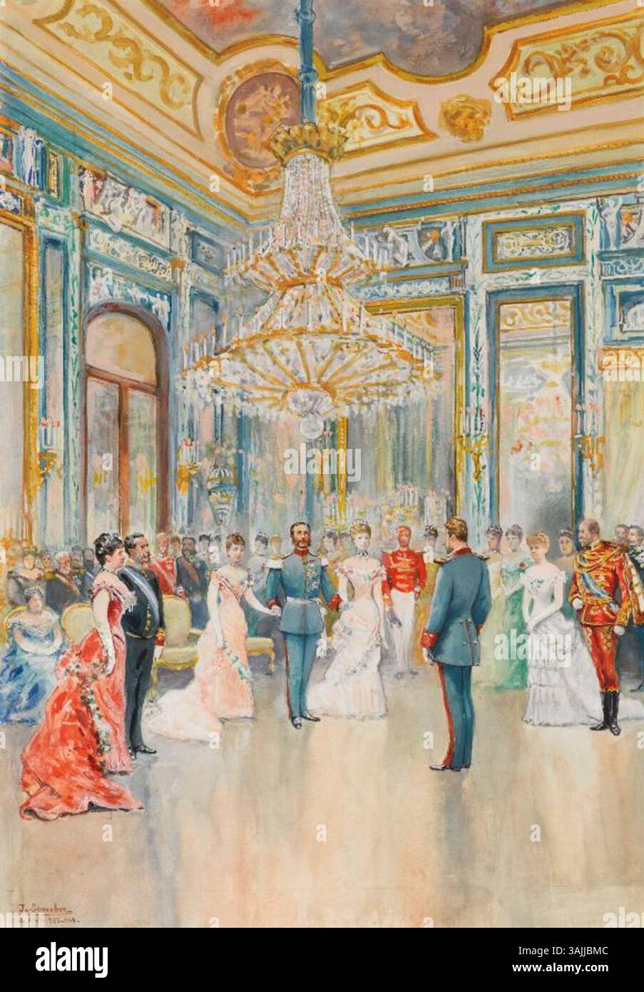 Dieses Aquarell von Juan Comba García aus dem Jahr 1908 erinnert an die Hochzeit von Infantin Maria de la Paz von Spanien und Prinz Ludwig Ferdinand von Bayern im Jahr 1883, zusammen mit einem Militärmanöver mit Prinz Adalbert von Bayern und Infante Francisco de Paula von Spanien. Stockfoto
