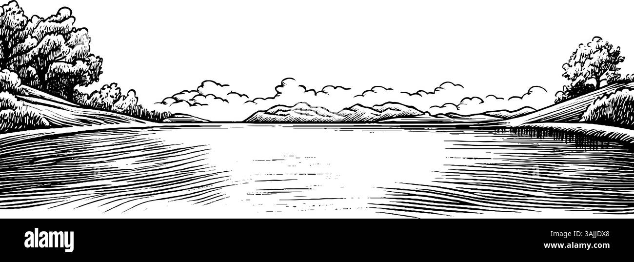 Eine ruhige Landschaft mit einem ruhigen Fluss, umgeben von Bäumen und Bergen im Hintergrund, mit einem bewölkten Himmel darüber. Stock Vektor