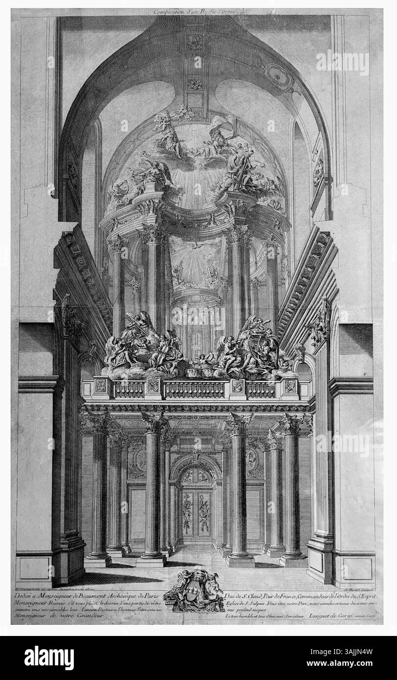 „Proposition d'un Buffet d'orgue“ von Giovanni Niccolò Servandoni, 1749, präsentiert ein Design für ein Kirchenorgelbuffet, das von Monseigneur de Beaumont, Erzbischof von Paris, in Auftrag gegeben wurde. Die Gravur demonstriert Servandonis architektonische und künstlerische Fähigkeiten in der Kirchengestaltung. Stockfoto