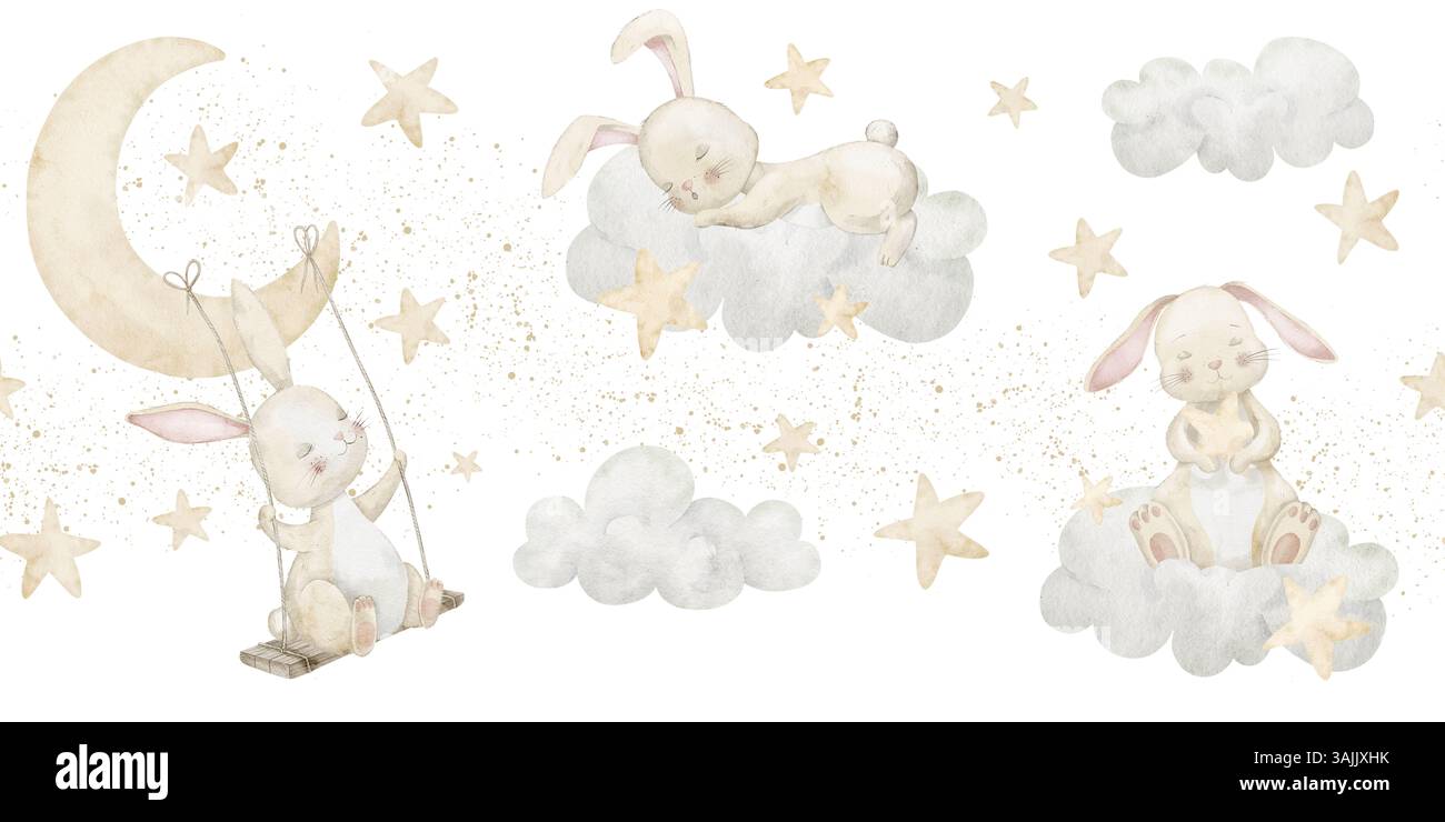 Aquarellillustration mit schlafenden Häschen auf Wolken und Halbmond. Nahtloser Rand mit niedlichen Kaninchen für Kindertagetapeten in Pastellfarben. Muster mit Hase für Babyduschen. Stockfoto