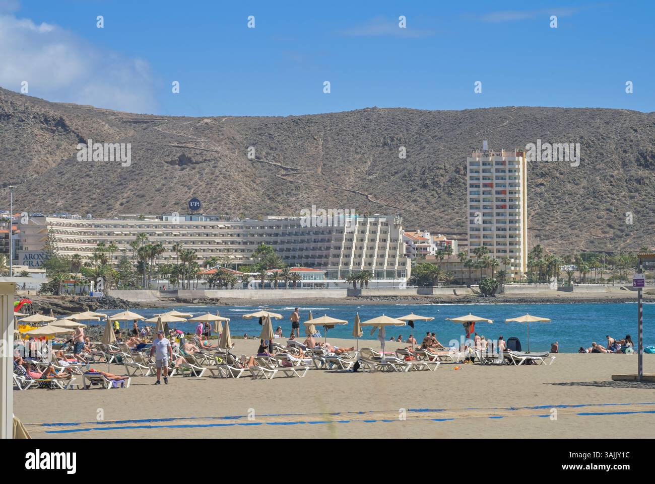 Sandstrand Playa de Los Cristianos, Los Cristianos, Provinz Santa Cruz de Tenerife, Teneriffa, Spanien Stockfoto