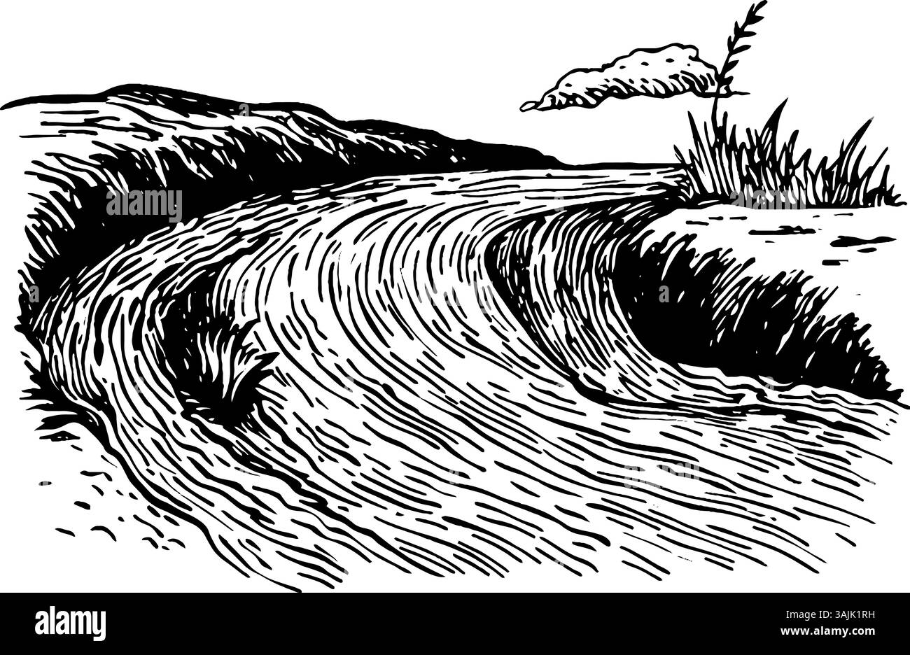 Eine handgezeichnete Abbildung eines sich windenden Flusses, der durch eine Landschaft fließt, mit Hügeln im Hintergrund und einer Wolke darüber. Die Szene fängt eine ruhige und natürliche Umgebung ein. Stock Vektor