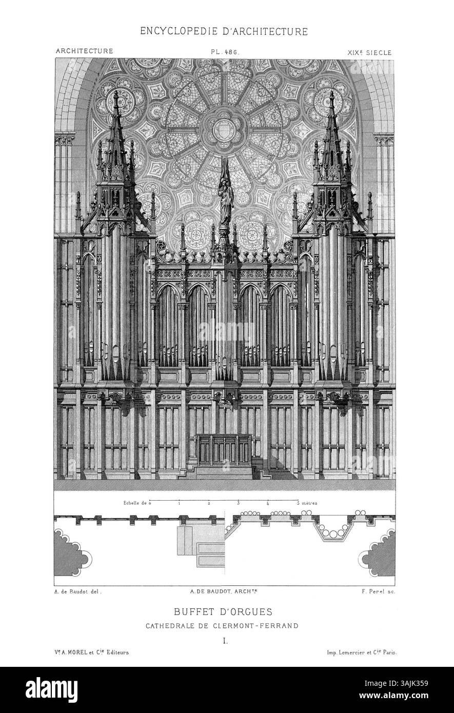 Das architektonische Design des Buffet d'orgues für die Kathedrale von Clermont-Ferrand, das 1878 vom Architekten Anatole de Baudot entworfen wurde. Diese Zeichnung zeigt detaillierte architektonische Pläne für das Orgelbuffet der Kathedrale. Stockfoto