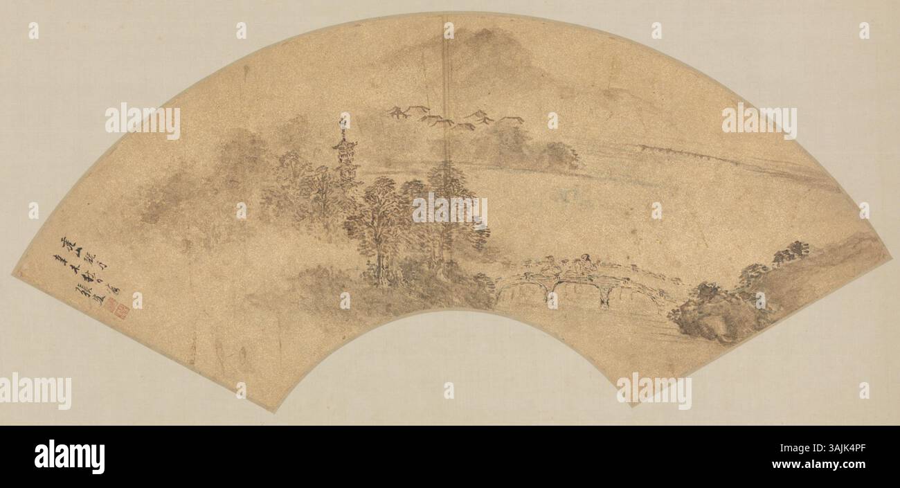 Zhang Hong (1577–1662) wird für seine komplizierten Fächerbilder gefeiert, die sowohl Natur als auch Figuren enthalten. Dieses Fächerbild, das im Palastmuseum untergebracht ist, spiegelt Zhangs Raffinesse bei der Anwendung von Pinselstichtechniken auf klassische chinesische Motive wider. Stockfoto