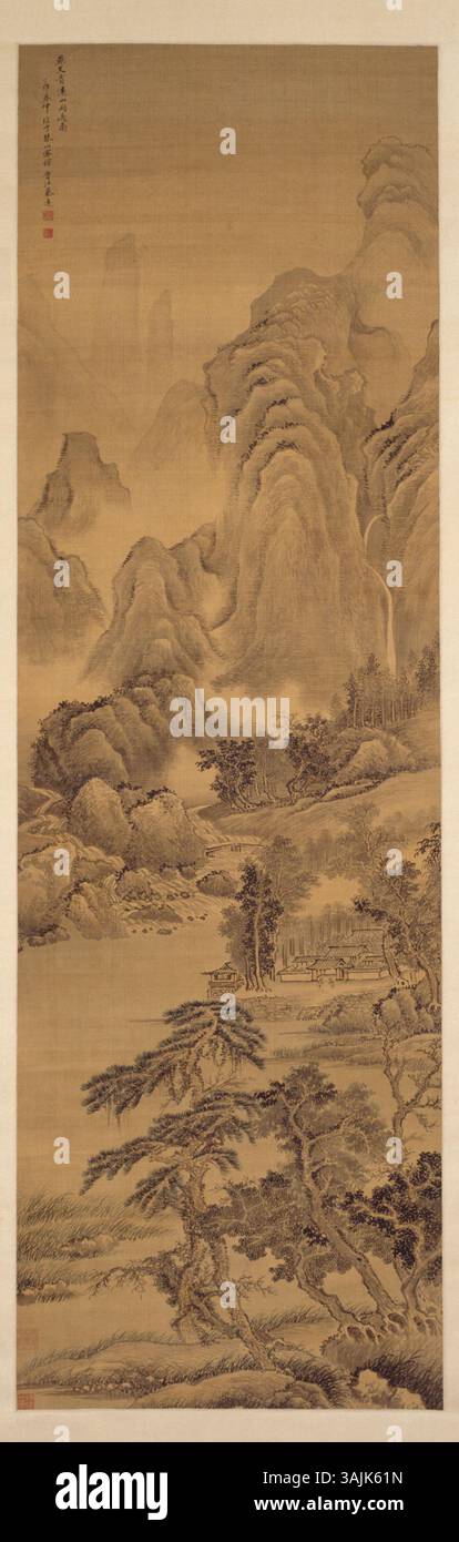 Dieses chinesische Gemälde im Palastmuseum spiegelt traditionelle Pinselarbeiten und kulturelle Themen wider, die für die Kunst der Qing-Dynastie repräsentativ sind. Es veranschaulicht historische Narrative und Landschaften durch feine Tuscherei auf Seide. Stockfoto