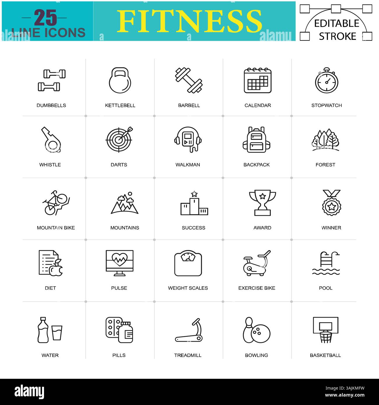 Fitnesslinien-Symbole – Symbole für Fitnessstudio, Sport und Workout für Athleten und gesunden Lebensstil (editierbarer Schlaganfall) Stock Vektor