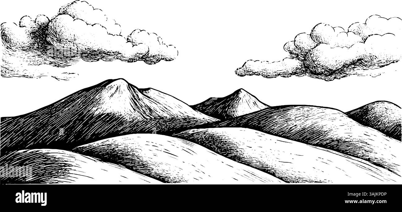 Eine schwarz-weiße Illustration von sanften Hügeln und Bergen unter einem bewölkten Himmel. Die Landschaft zeichnet sich durch glatte Kurven und strukturierte Gipfel aus, die eine ruhige, natürliche Szene schaffen. Stock Vektor