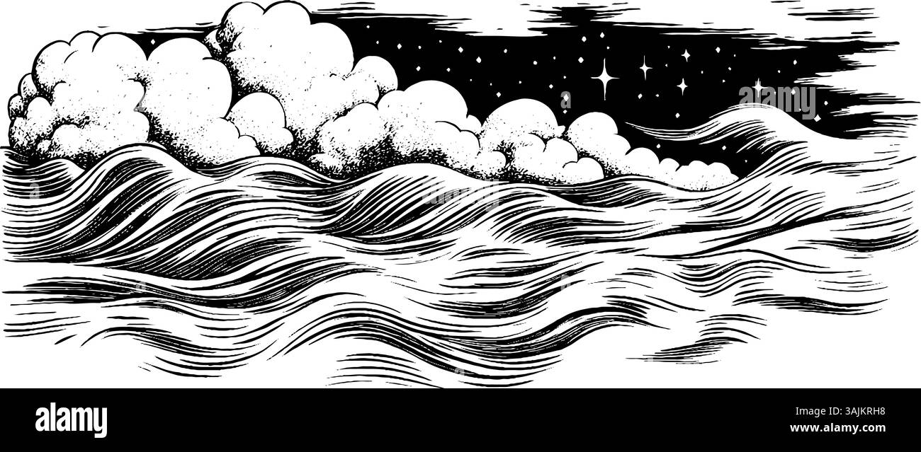 Eine stilisierte Illustration von Wellen und Wolken vor einem Sternenhimmel. Die Wellen sind mit fließenden Linien dargestellt, während die Wolken flauschig und strukturiert sind, was eine dynamische Ozeanszene erzeugt. Stock Vektor