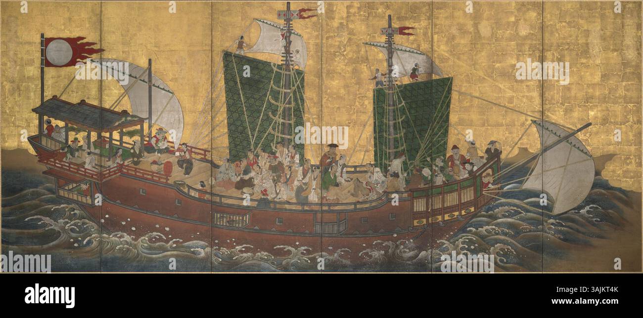 Ein japanischer Bildschirm aus dem frühen 17. Jahrhundert, der ein Schiff der „Red Seal“ mit portugiesischen und japanischen Seeleuten darstellt. Die Szene zeigt Seeleute, die interagieren, mit Musikern und einem Tänzer, der die Gruppe unterhält. Diese Arbeit veranschaulicht die Handelsbeziehungen zwischen Japan und Europa in den frühen 1600er Jahren Stockfoto