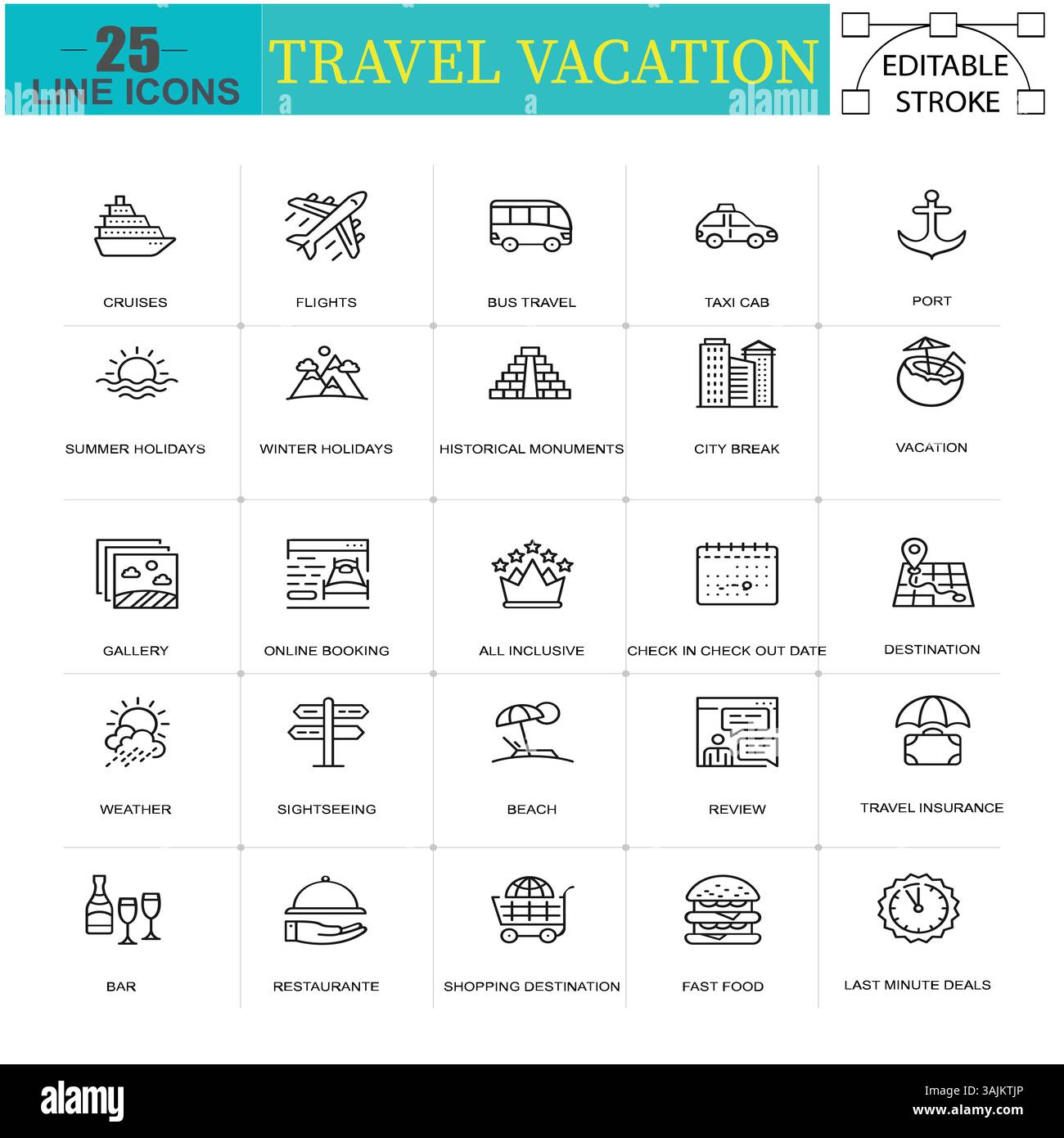 Satz mit 25 Symbolen für Travel Vaction Line mit bearbeitbarem Hub. Geeignet für Web, Infografiken und Apps. Isoliert auf weißem Hintergrund. Stock Vektor