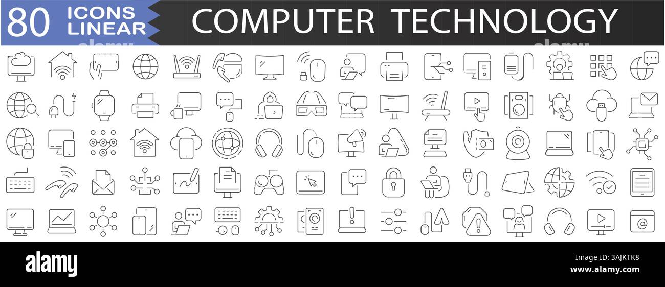 Computertechnologie-Symbolsatz – 80 lineare Symbole für digitale, IT- und technische Symbole Stock Vektor